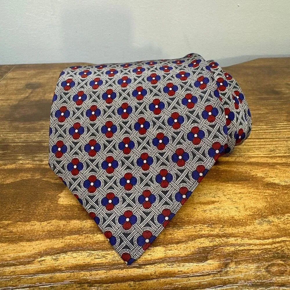 VALENTINO Silk Tie Red Blue Geometric Print NeckTie Made in Italy‎ Cravatte